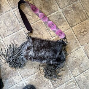 Chic Gray Fur Crossbody Bag with Fringe